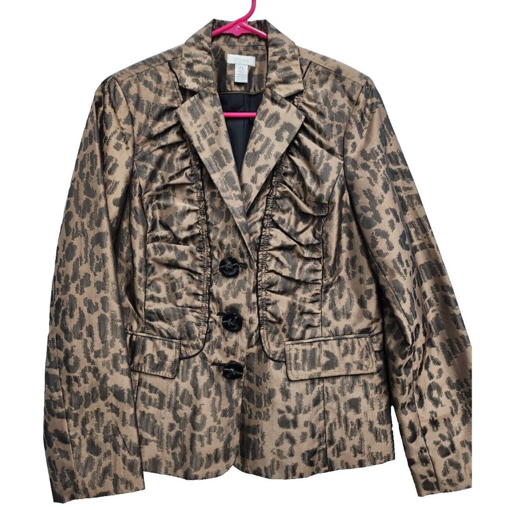 Chicos Womens Blazer Jacket‎ Size Small Brown Animal Print Satin Carrier Office